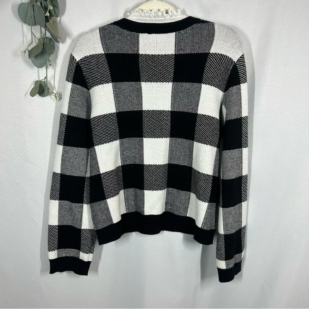 Anthropologie | Plaid Ruffle Collar Pullover Sweater Black White Women’s Size L - Picture 9 of 14